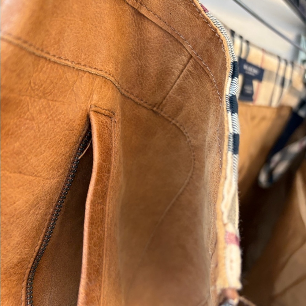 Burberry London Brown distressed Leather mini  Skirt classic pattern full zip 8 - Picture 14 of 14